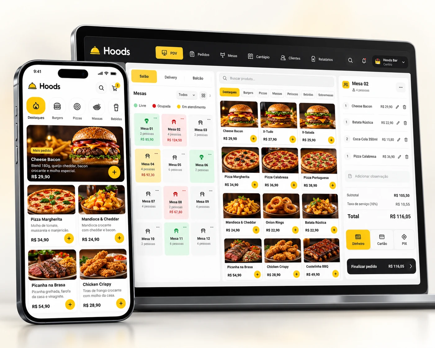 HoodsFood com cardápio digital no celular e sistema de PDV no computador